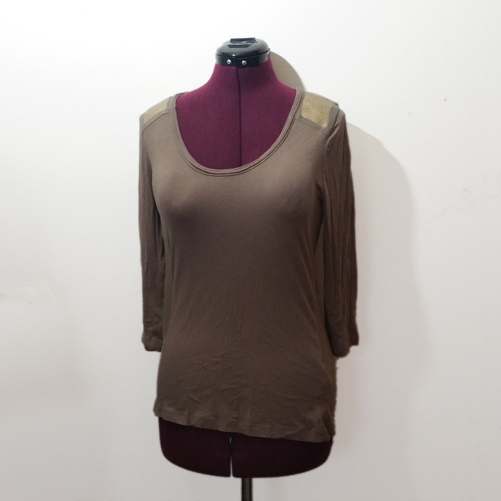 Army Green 3/4 Length Sleeve Top with Gold Detail